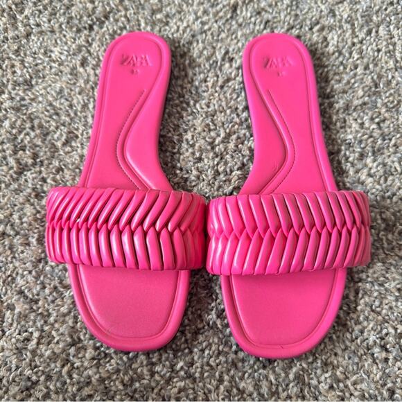 Zara Hot Pink Leather Slip On Sandals Womens 8.5 Beachy Flats Slides Casual - Picture 3 of 7
